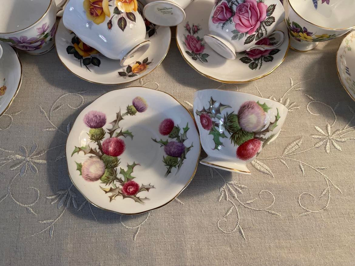 Queen Anne Blue Thistle Flower Teacup And Saucer